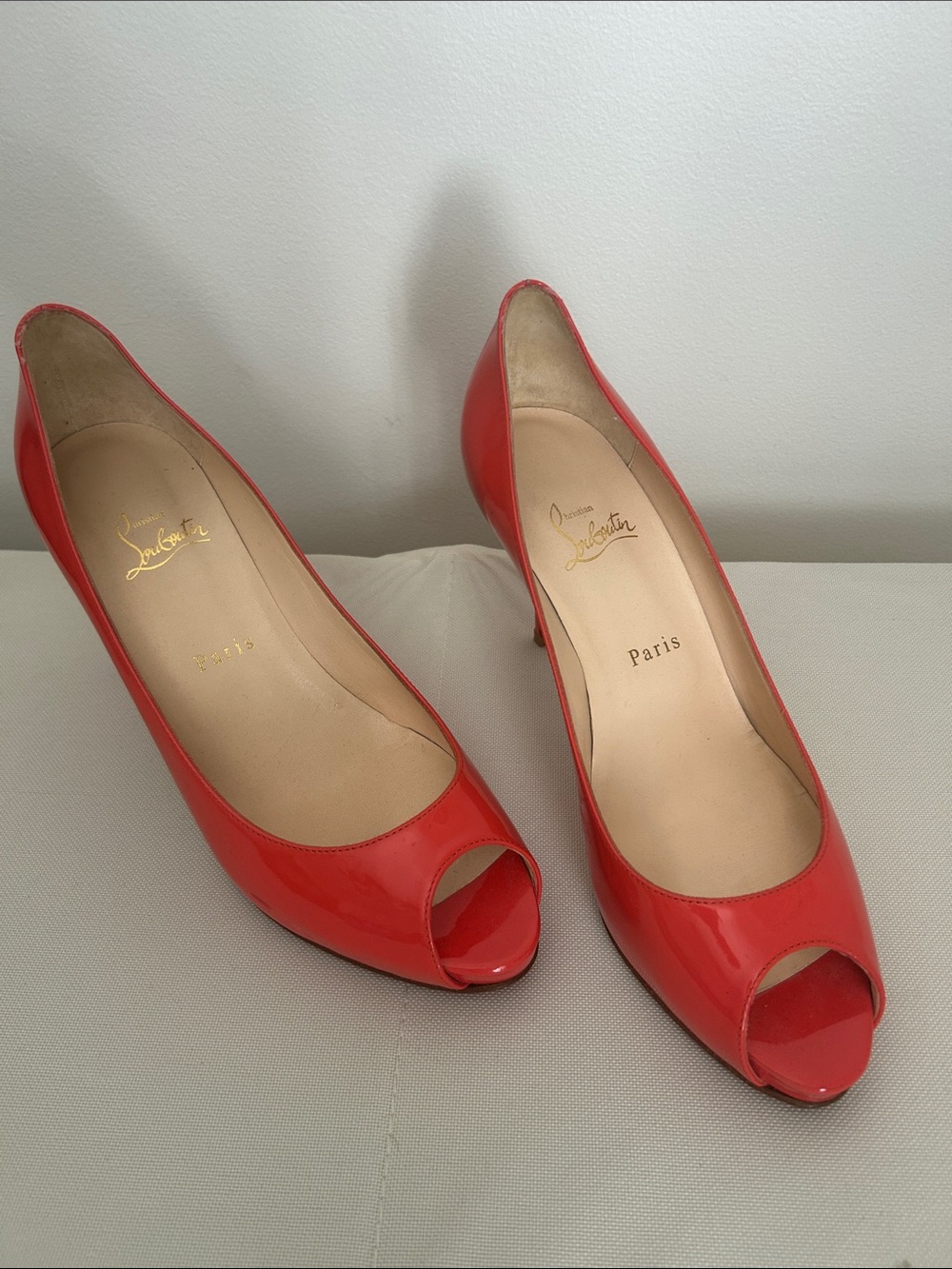 Christian Louboutin Coral-Red Patent Peep-Toe Heels